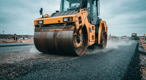 Alat berat roller compactor memadatkan aspal hotmix di proyek jalan