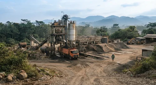 Pabrik aspal Sumedang dengan AMP skala menengah di lingkungan perbukitan Jawa Barat