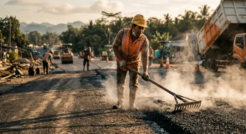 Pekerja meratakan aspal hotmix secara manual pada proyek pengaspalan jalan