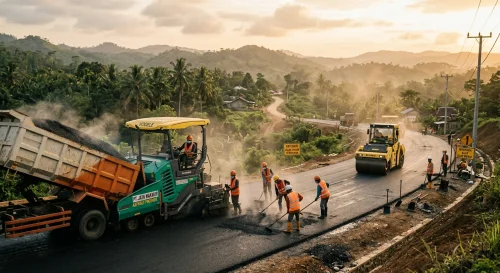 Proses pengaspalan jalan menggunakan aspal hotmix berkualitas di area proyek