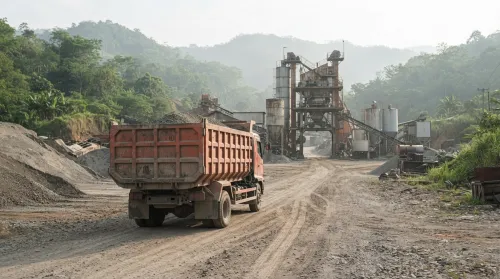 Truk pengangkut material di area pabrik aspal Sumedang dengan AMP di latar