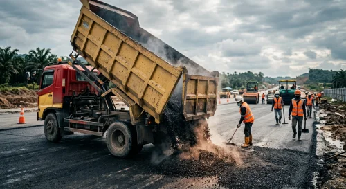 Truk pengiriman aspal hotmix menurunkan material di lokasi proyek Purwakarta