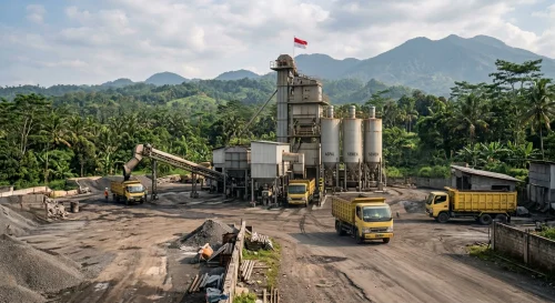 Hotmix hasil produksi pabrik aspal dimuat ke dump truck